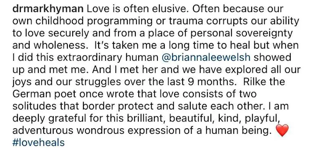 Dr. Mark Hyman heartfelt caption on the Instagram post where he revealed his girlfriend