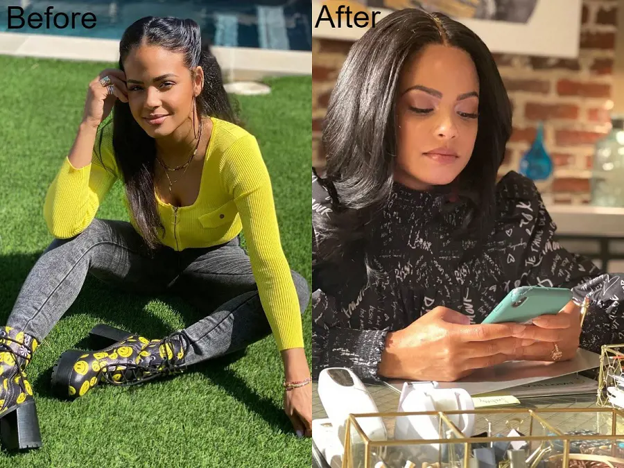 Christina Milian is portrayed in two photographs, one of her reclining on the ground with a yellow t-shirt, and the other of her taking a beautiful selfie with her mobile phone in a café.