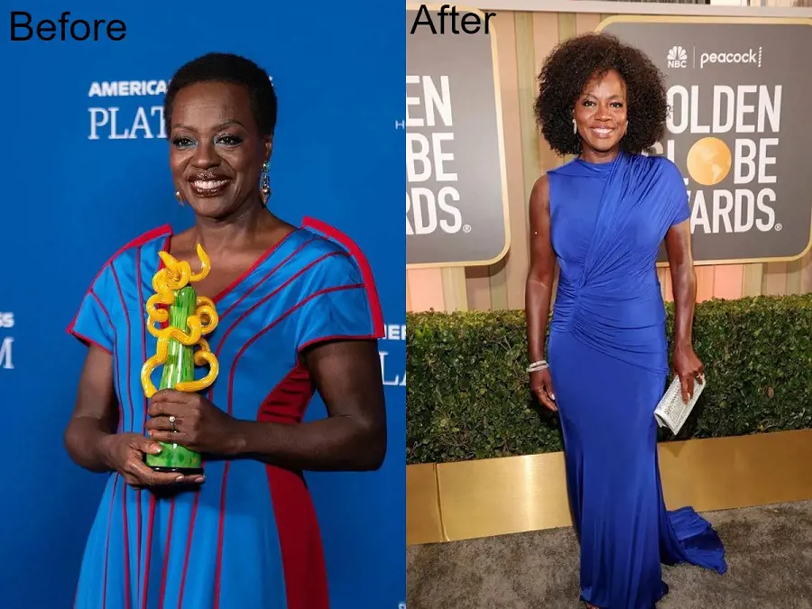  viola davis natural hair is shown in the first photo, which is followed by one of her wearing a wig while attending the GoldenGlobes awards.