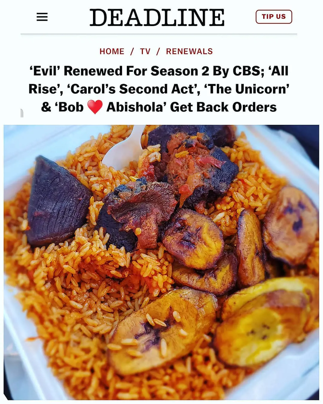 Folake Olowofoyeku Shared The Picture Of Jollof Rice And Dodo That She Prefers On The Sets Of Bob Hearts Abishola
